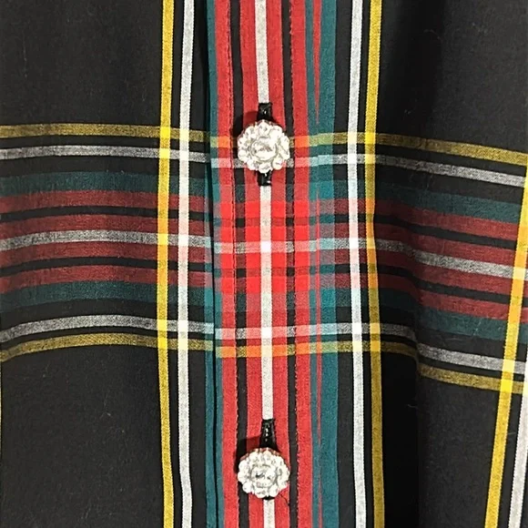 J. Crew Red, Black, Green and Gold Plaid Rhinestone Button-Down Shirt Size XL - Picture 2 of 14